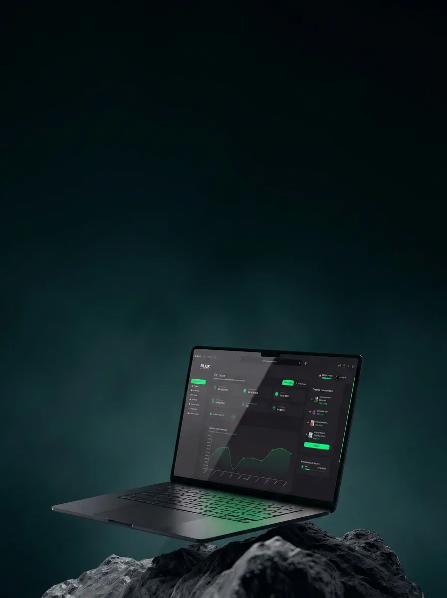 Notebook exibindo o painel Blox Gateway sobre formação rochosa